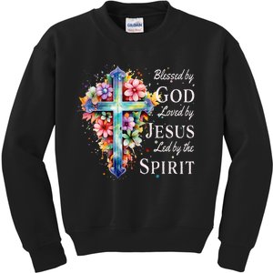 Blessed By God Loved By Jesus Floral Cross Christian Kids Sweatshirt