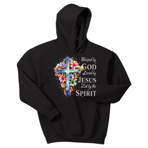 Blessed By God Loved By Jesus Floral Cross Christian Kids Hoodie