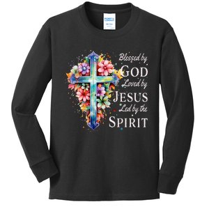 Blessed By God Loved By Jesus Floral Cross Christian Kids Long Sleeve Shirt