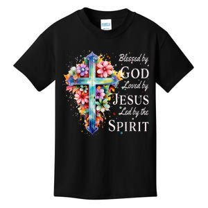 Blessed By God Loved By Jesus Floral Cross Christian Kids T-Shirt