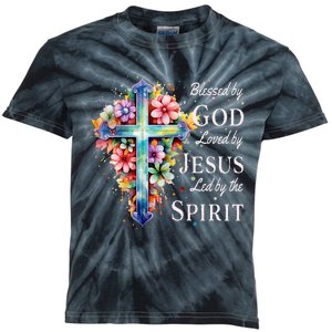 Blessed By God Loved By Jesus Floral Cross Christian Kids Tie-Dye T-Shirt