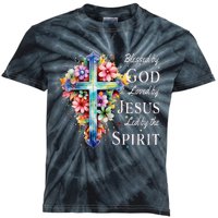 Blessed By God Loved By Jesus Floral Cross Christian Kids Tie-Dye T-Shirt