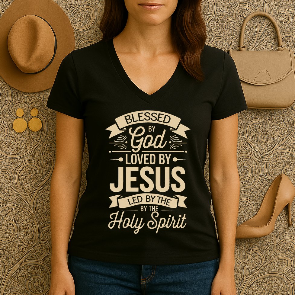 Blessed By God Loved By Jesus Led By The Holy Spirit Women's V-Neck T-Shirt