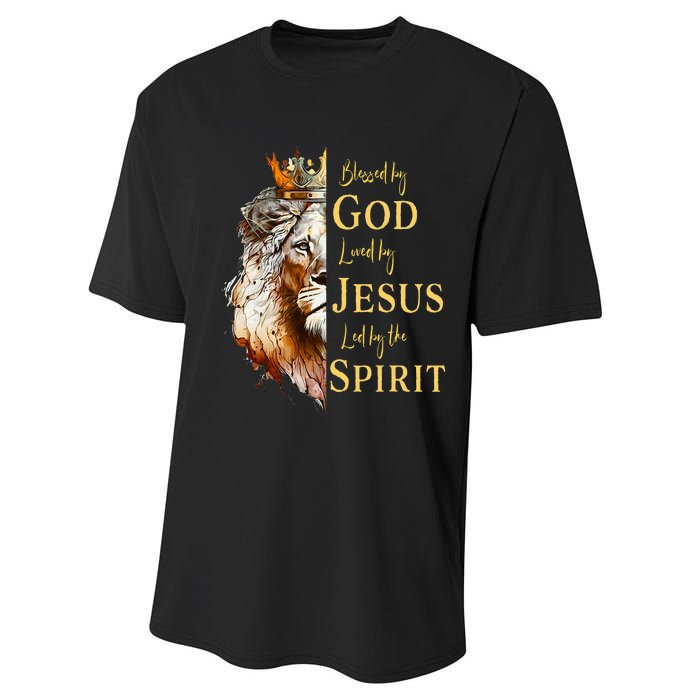 Blessed By God Loved By Jesus Lion Performance Sprint T-Shirt