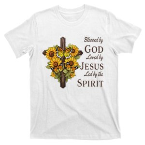 Blessed By God Loved By Jesus Sunflower Cross T-Shirt