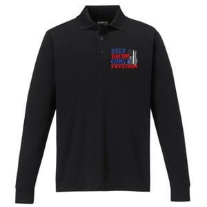 Beer Bacon Gun Freedom American Flag Usa Country Gift Performance Long Sleeve Polo