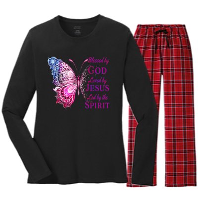 Blessed By God Loved By Jesus Pink Butterfly Christian Women's Long Sleeve Flannel Pajama Set 