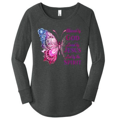 Blessed By God Loved By Jesus Pink Butterfly Christian Women's Perfect Tri Tunic Long Sleeve Shirt