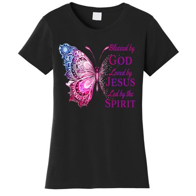 Blessed By God Loved By Jesus Pink Butterfly Christian Women's T-Shirt