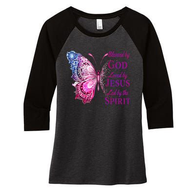 Blessed By God Loved By Jesus Pink Butterfly Christian Women's Tri-Blend 3/4-Sleeve Raglan Shirt