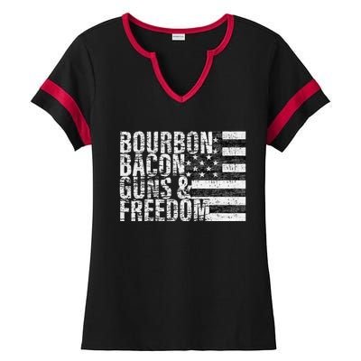 Bourbon Bacon Guns & Freedom Flag Tee Ladies Halftime Notch Neck Tee