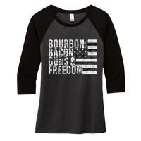 Bourbon Bacon Guns & Freedom Flag Tee Women's Tri-Blend 3/4-Sleeve Raglan Shirt