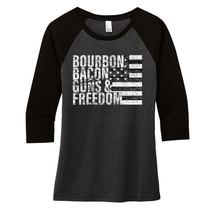 Bourbon Bacon Guns & Freedom Flag Tee Women's Tri-Blend 3/4-Sleeve Raglan Shirt