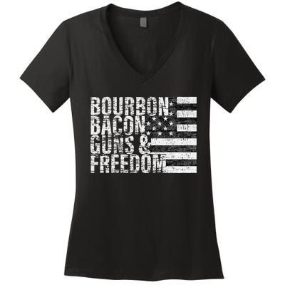 Bourbon Bacon Guns & Freedom Flag Tee Women's V-Neck T-Shirt