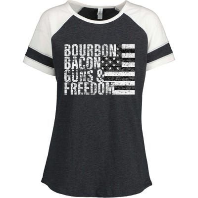 Bourbon Bacon Guns & Freedom Flag Tee Enza Ladies Jersey Colorblock Tee