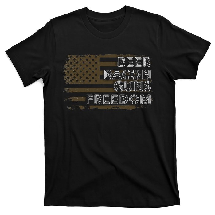 Beer Bacon Guns Freedom US American Flag Patriotic Gun Lover T-Shirt