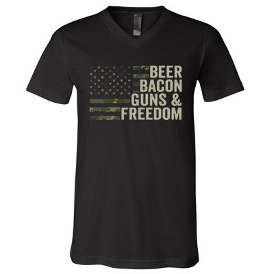 BEER BACON GUNS & FREEDOM - Funny BBQ Drinking Gun Camo V-Neck T-Shirt