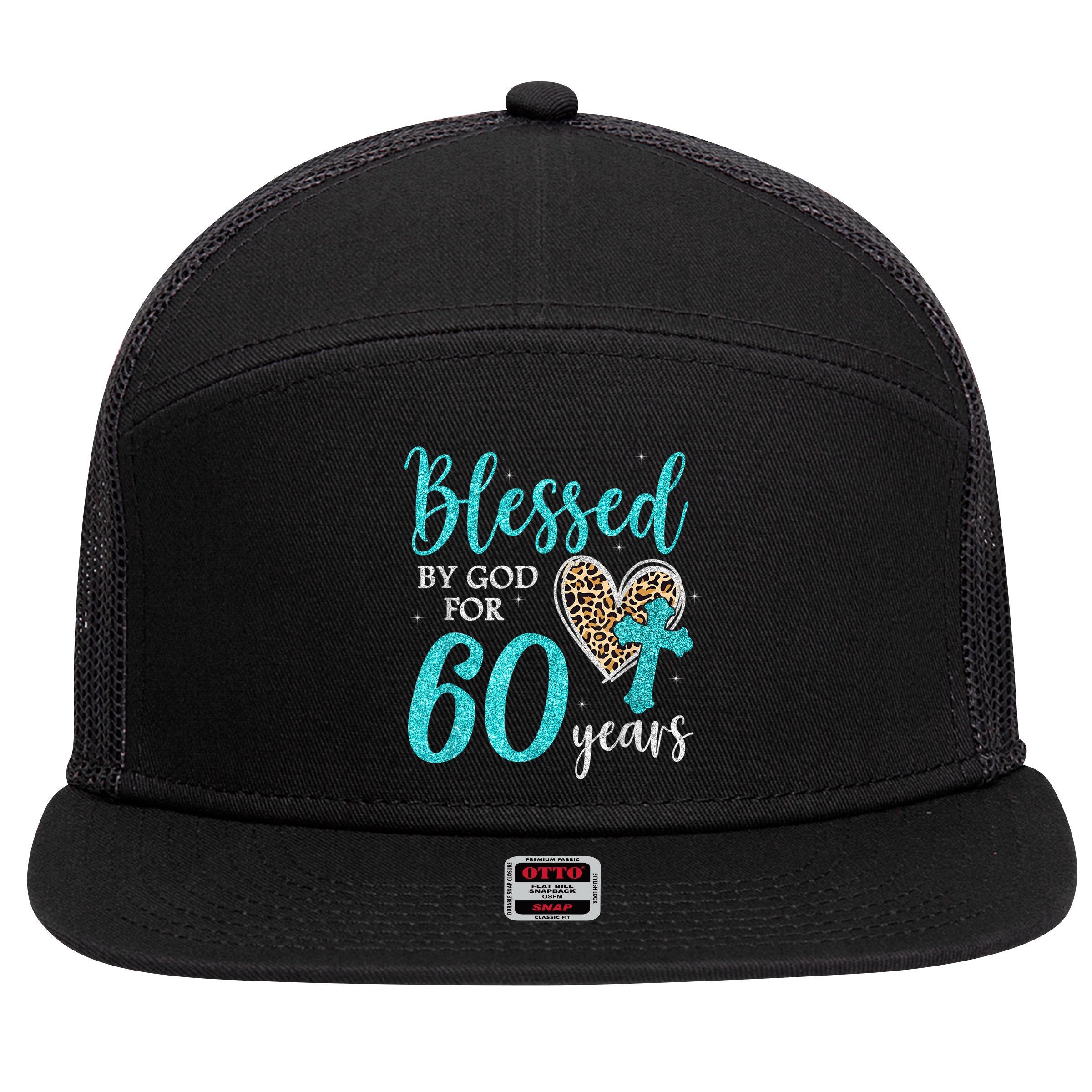 Blessed By God For 60 Years Happy 60th Bday Leopard Heart 7 Panel Mesh Trucker Snapback Hat