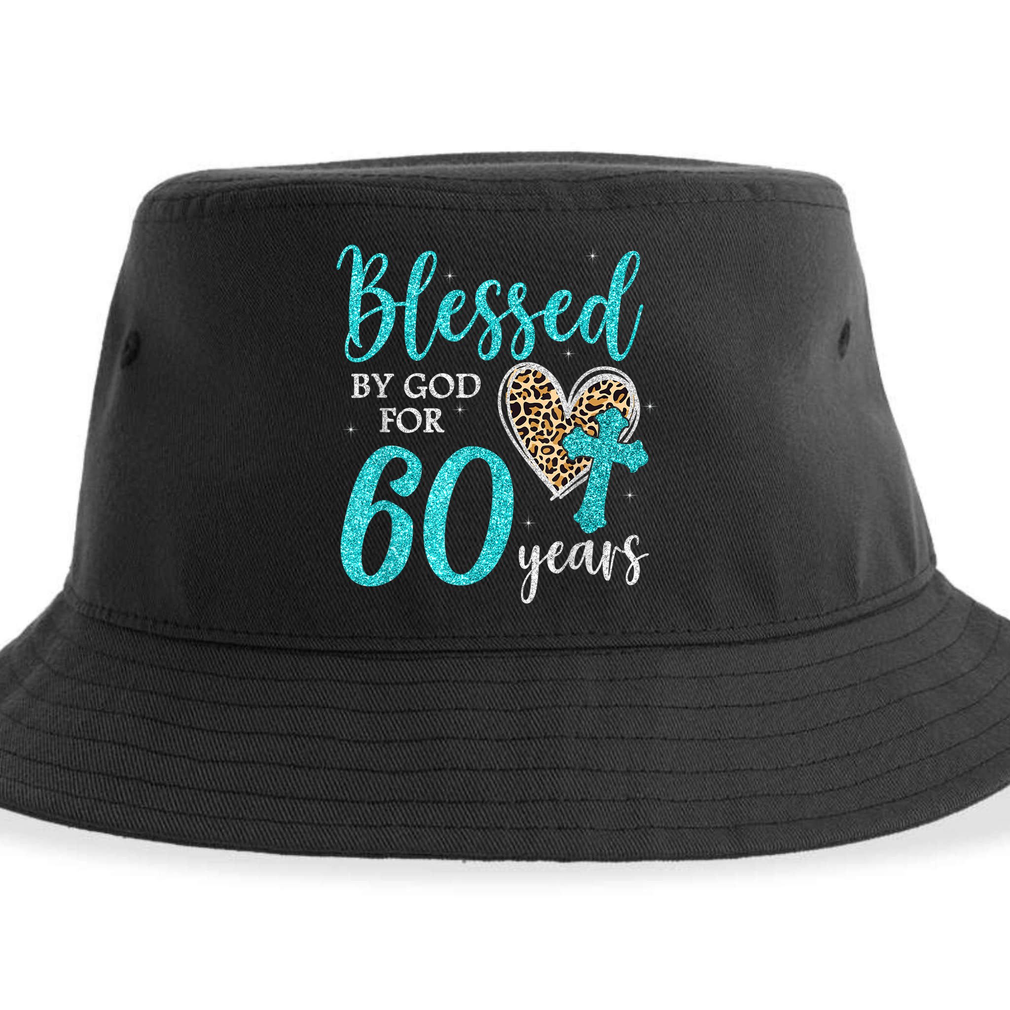 Blessed By God For 60 Years Happy 60th Bday Leopard Heart Sustainable Bucket Hat