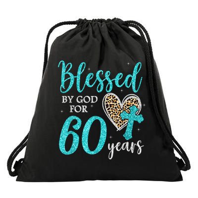 Blessed By God For 60 Years Happy 60th Bday Leopard Heart Drawstring Bag