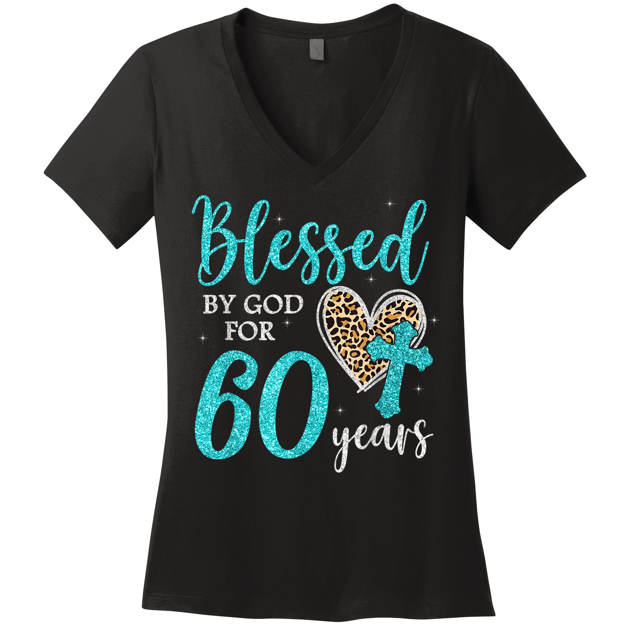 Blessed By God For 60 Years Happy 60th Bday Leopard Heart Women's V-Neck T-Shirt