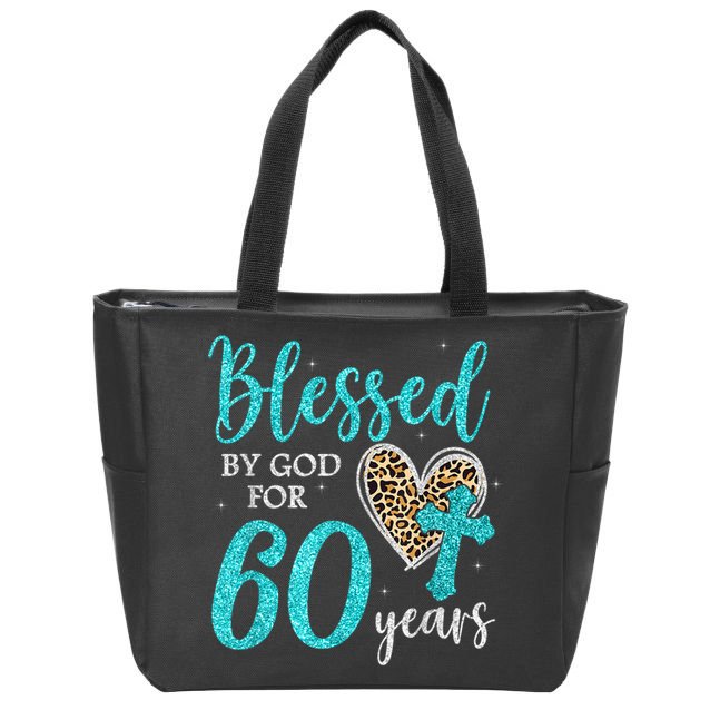 Blessed By God For 60 Years Happy 60th Bday Leopard Heart Zip Tote Bag