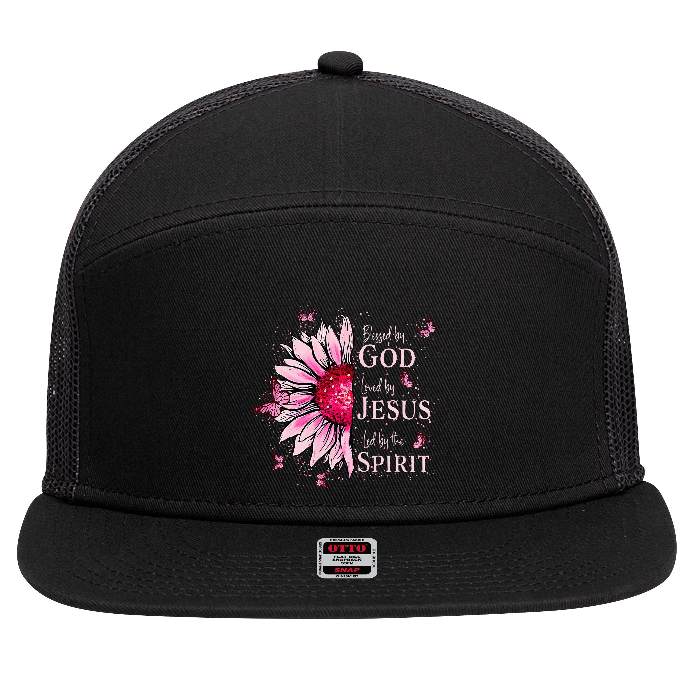 Blessed By God Loved By Jesus Pink Sunflower 7 Panel Mesh Trucker Snapback Hat