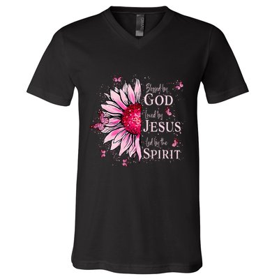 Blessed By God Loved By Jesus Pink Sunflower V-Neck T-Shirt