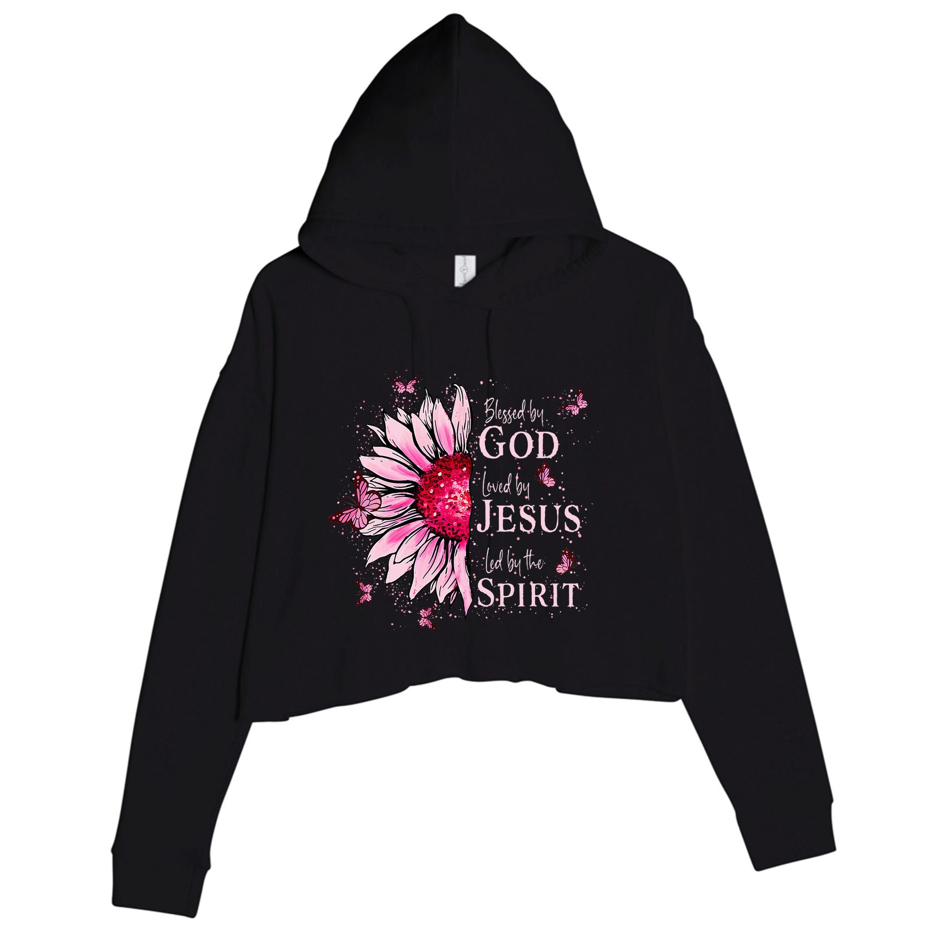Blessed By God Loved By Jesus Pink Sunflower Crop Fleece Hoodie