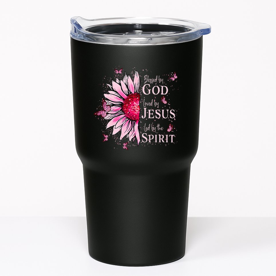Blessed By God Loved By Jesus Pink Sunflower Tumbler