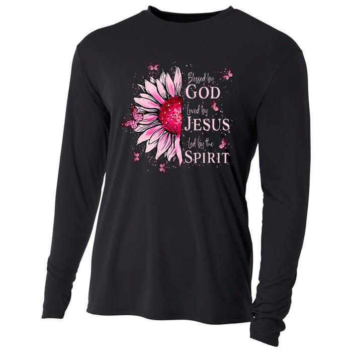 Blessed By God Loved By Jesus Pink Sunflower Cooling Performance Long Sleeve Crew