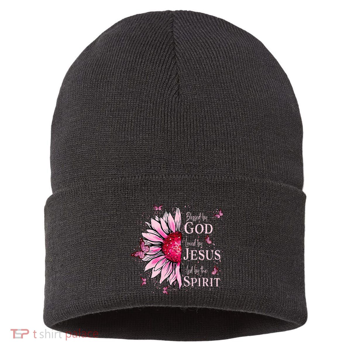 Blessed By God Loved By Jesus Pink Sunflower Sustainable Knit Beanie