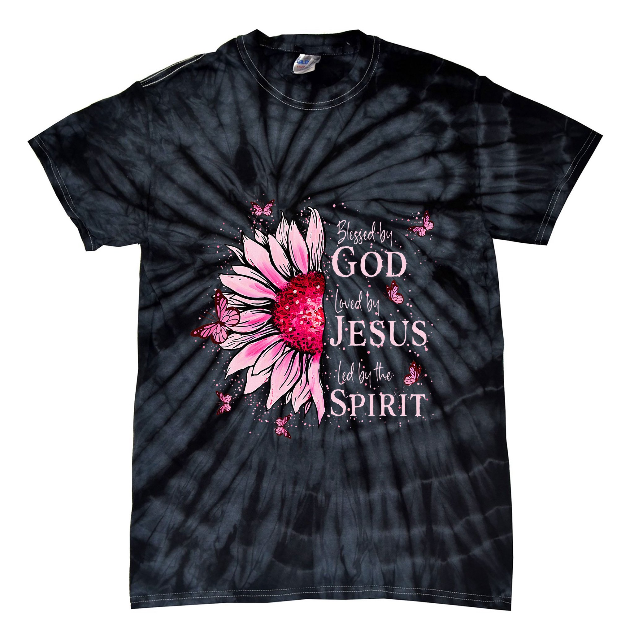 Blessed By God Loved By Jesus Pink Sunflower Tie-Dye T-Shirt