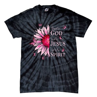 Blessed By God Loved By Jesus Pink Sunflower Tie-Dye T-Shirt