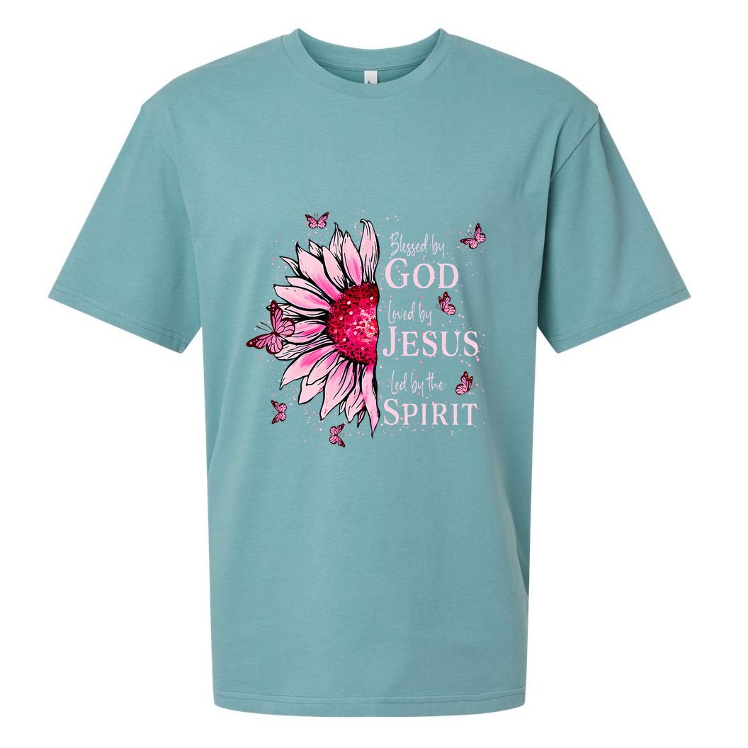 Blessed By God Loved By Jesus Pink Sunflower Sueded Cloud Jersey T-Shirt