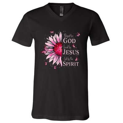 Blessed By God Loved By Jesus Pin.K Sunflower V-Neck T-Shirt