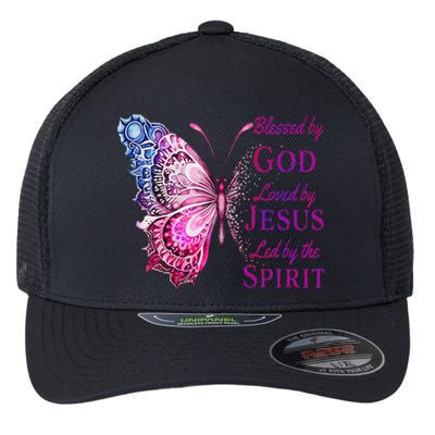 Blessed By God Loved By Jesus Pin.K Butterfly Christian Flexfit Unipanel Trucker Cap