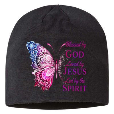 Blessed By God Loved By Jesus Pin.K Butterfly Christian Sustainable Beanie