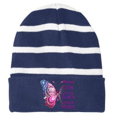 Blessed By God Loved By Jesus Pin.K Butterfly Christian Striped Beanie with Solid Band