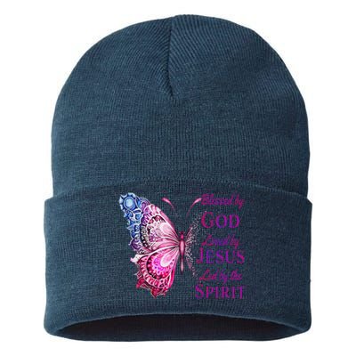 Blessed By God Loved By Jesus Pin.K Butterfly Christian Sustainable Knit Beanie