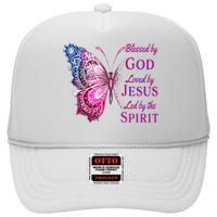 Blessed By God Loved By Jesus Pin.K Butterfly Christian High Crown Mesh Back Trucker Hat