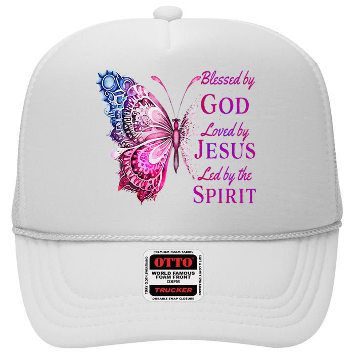 Blessed By God Loved By Jesus Pin.K Butterfly Christian High Crown Mesh Back Trucker Hat