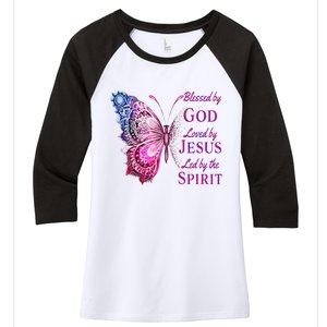 Blessed By God Loved By Jesus Pin.K Butterfly Christian Women's Tri-Blend 3/4-Sleeve Raglan Shirt