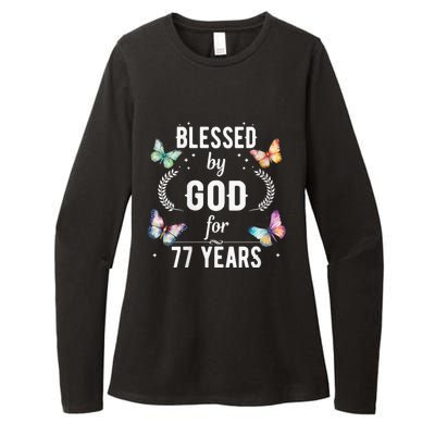 Blessed By God For 77 Years Old Cute Butterfly 77th Birthday Womens CVC Long Sleeve Shirt