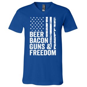 Beer Bacon Guns And Freedom / Usa Bbq American Flag Ing Funny Gift V-Neck T-Shirt