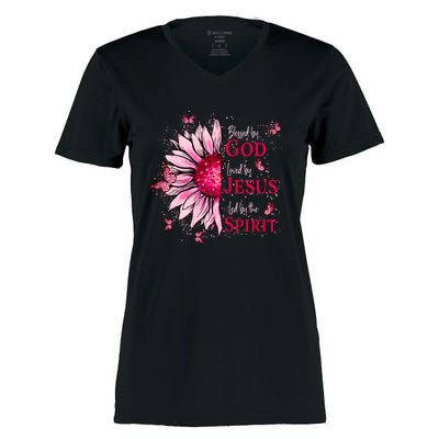 Blessed By God Loved By Jesus Women's Momentum V-Neck T-Shirt