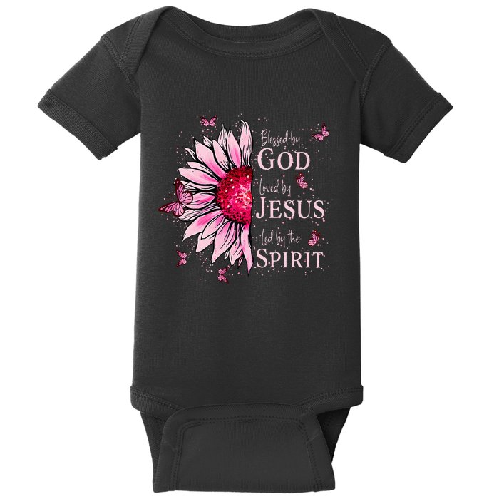 Blessed By God Loved By Jesus Pink Sunflower Baby Bodysuit