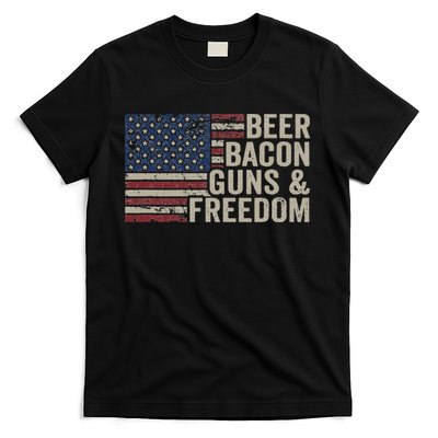 BEER BACON GUNS & FREEDOM BBQ Vintage USA Flag Drinking T-Shirt