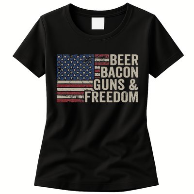 BEER BACON GUNS & FREEDOM BBQ Vintage USA Flag Drinking Womens T-Shirt