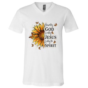 Blessed By God Loved By Jesus Led By The Spirit Sunflower V-Neck T-Shirt